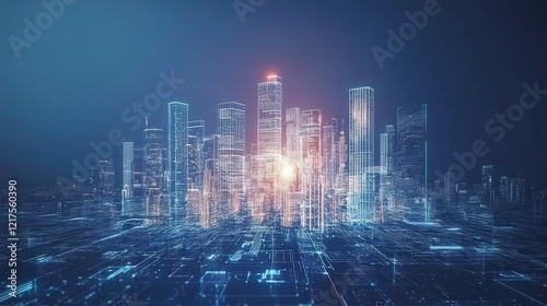 Futuristic Cityscape Digital Network Skyline Illustration