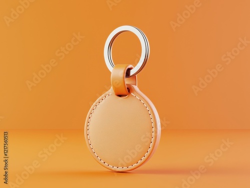 Keychain Mockup concept. A simple leather keychain with a round shape and a silver keyring against an orange background.