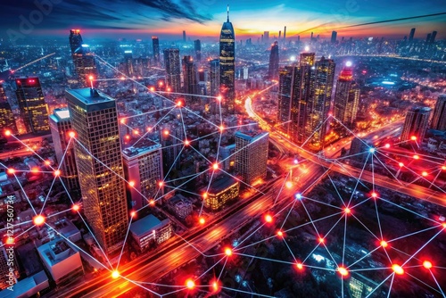 Wallpaper Mural Aerial shot reveals a futuristic city bathed in red digital data, a drone's perspective. Torontodigital.ca