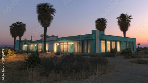 Desert Motel at Twilight Illuminated Windows