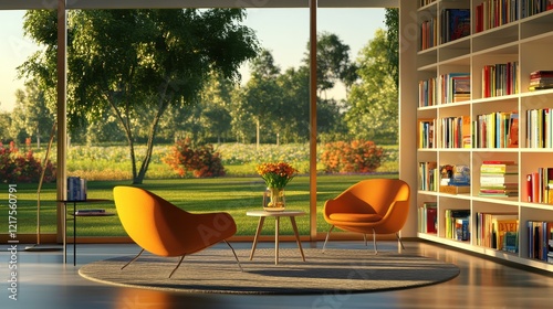 Modern living room with orange chairs and a view