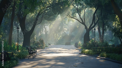Sunlit Pathway Through Lush Green Park With Benches