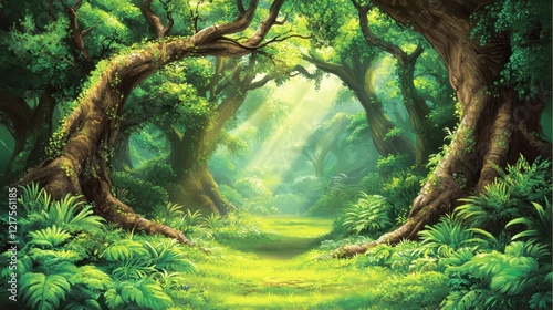 Lush Green Forest Path Sunlight Dappled Canopy