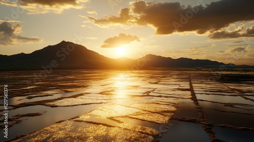 Golden Sunset Over Rice Paddies And Mountains