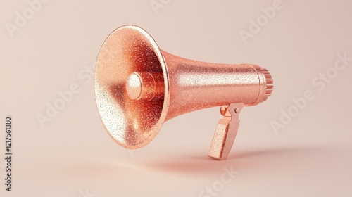 A shiny rose gold megaphone stands against a neutral background, symbolizing communication and amplification of voices. photo