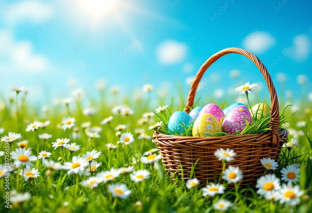 Easter basket with colorful eggs on spring meadow with blooming daisies. Holiday celebration in nature. Fresh green grass and blue sky with space for text Easter basket with colorful eggs on spring meadow with blooming daisies. Holiday celebration in nature. Fresh green grass and blue sky with space for text