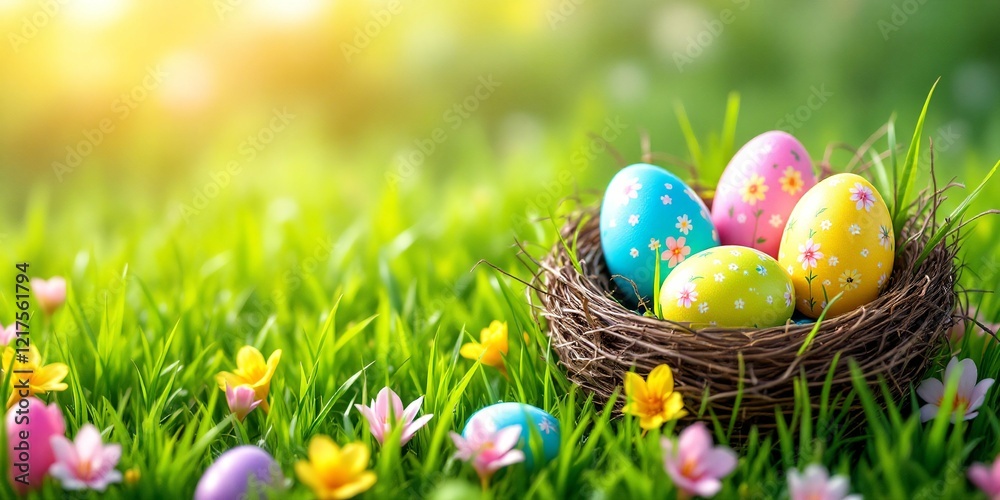Fototapeta premium Easter eggs in natural bird nest among spring grass and flowers with morning sunlight. Holiday celebration outdoor decoration in garden with warm glow and copy space