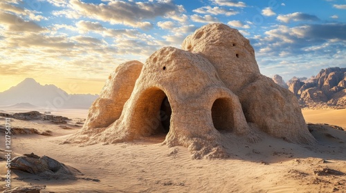 Desert Rock Formation With Cave Entrances At Sunrise