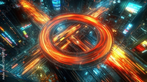 Futuristic Cityscape Night Traffic Circle Intersection