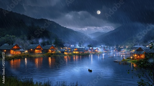 Illuminated Village Houses Under Rainy Night Sky