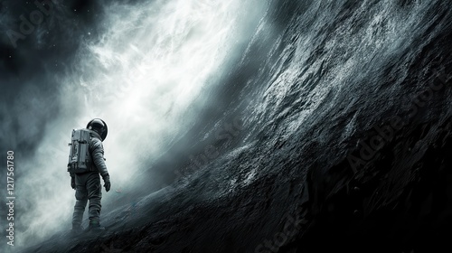 Astronaut on a desolate alien planet surface