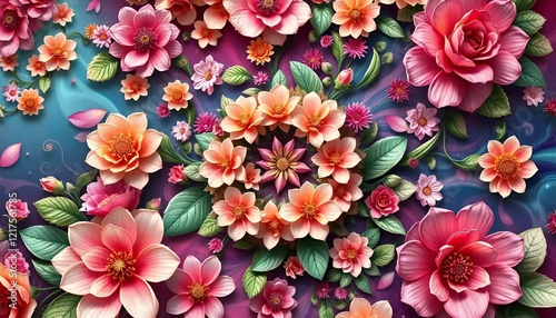 Vibrant floral pattern with blooming roses and decorative foliage, artistic design