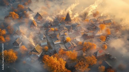 Autumn Village Enveloped in Morning Mist and Smoke