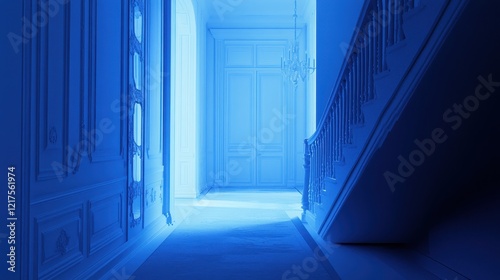 Elegant Blue Hallway Interior Design Staircase And Doors
