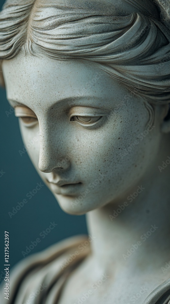 Close-up of a pensive classical statue head, teal background Close-up of a pensive classical statue head, teal background