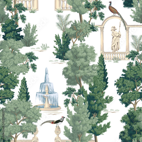 Italian garden with pheasant bird, statue, fountain, tree seamless pattern. Classic landscape wallpaper.