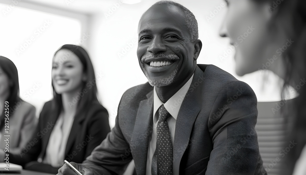 Happy business team collaborating in a conference room, with the leader smiling during a meeting - Happy business team collaborating in a conference room, with the leader smiling during a meeting -