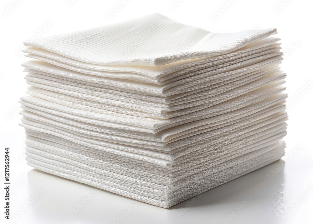 A pristine stack of white paper napkins, clean and ready for food service, against a pure white backdrop. A pristine stack of white paper napkins, clean and ready for food service, against a pure white backdrop.