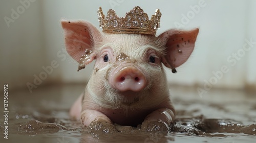 Adorable Piglet in Mud Wearing a Sparkling Crown Funny Farm Animal Photo photo