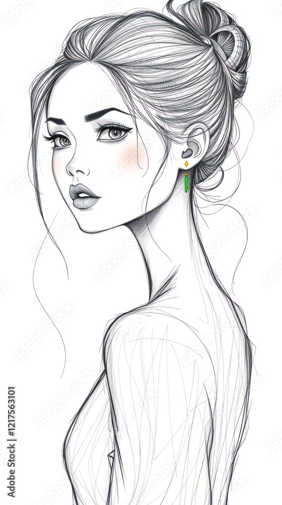 Elegant Woman Sketch Fashion Illustration Hair Bun Elegant Woman Sketch Fashion Illustration Hair Bun