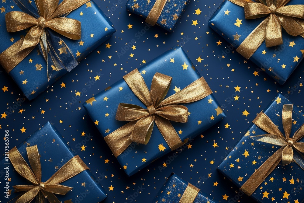 Gifts wrapped in blue paper with gold bows and star patterns arranged on a dark background for a festive celebration