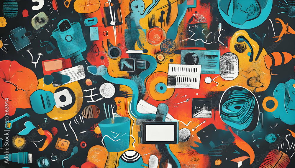 Obraz premium Illustrated mind map exploring film genres like drama, comedy, thriller, and sci-fi in a creative design -