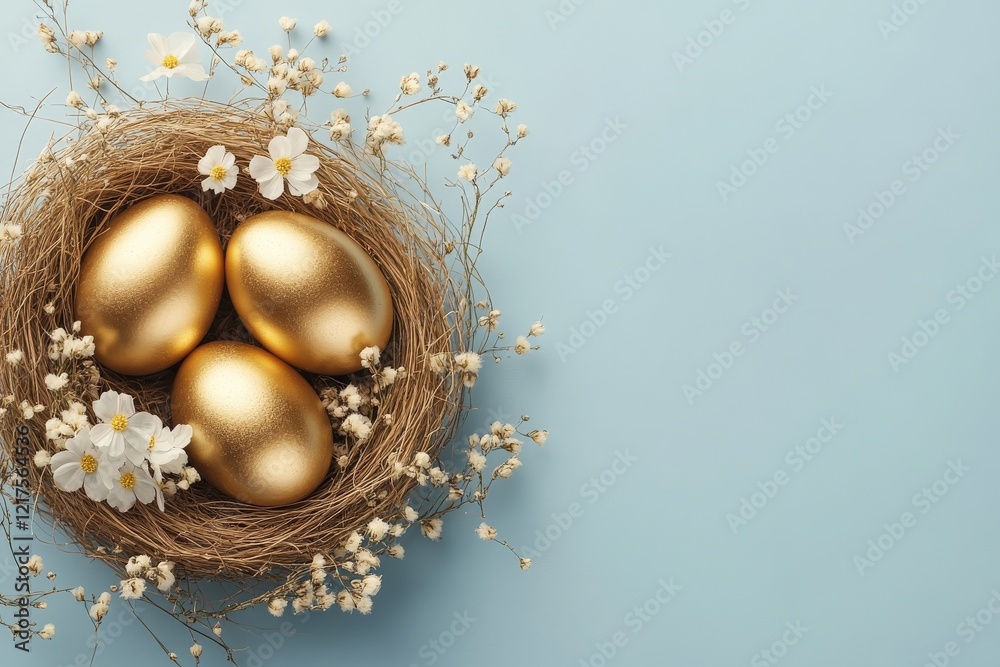 Golden eggs arranged in a nest of twigs and delicate flowers on a soft blue background during springtime Golden eggs arranged in a nest of twigs and delicate flowers on a soft blue background during springtime