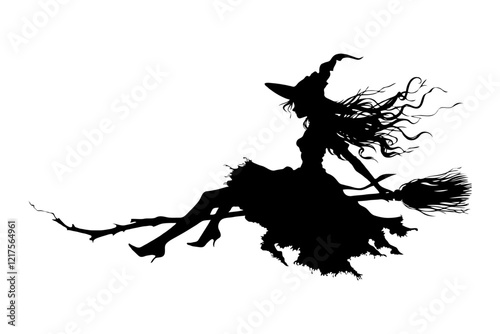 Silhouette Halloween witch is flying on a broomstick. The image is black and white. Scene is mysterious and magical