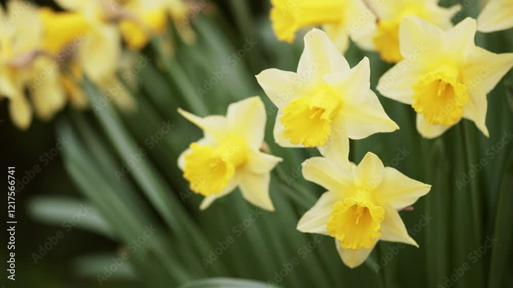 Yellow blooming easter daffodil flowers, spring forward, springtime floral background Yellow blooming easter daffodil flowers, spring forward, springtime floral background