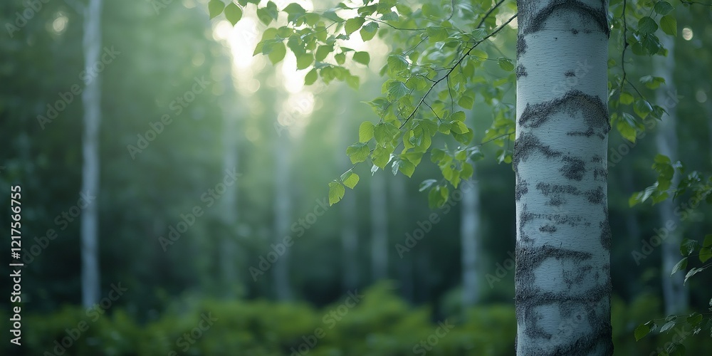 Fototapeta premium A tree with green leaves and a brown trunk