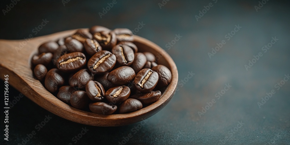 Fototapeta premium A spoonful of coffee beans on a wooden spoon