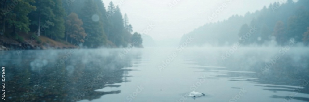 Fototapeta premium Foggy lake with soft white glow and gray bokeh background, mist, waves