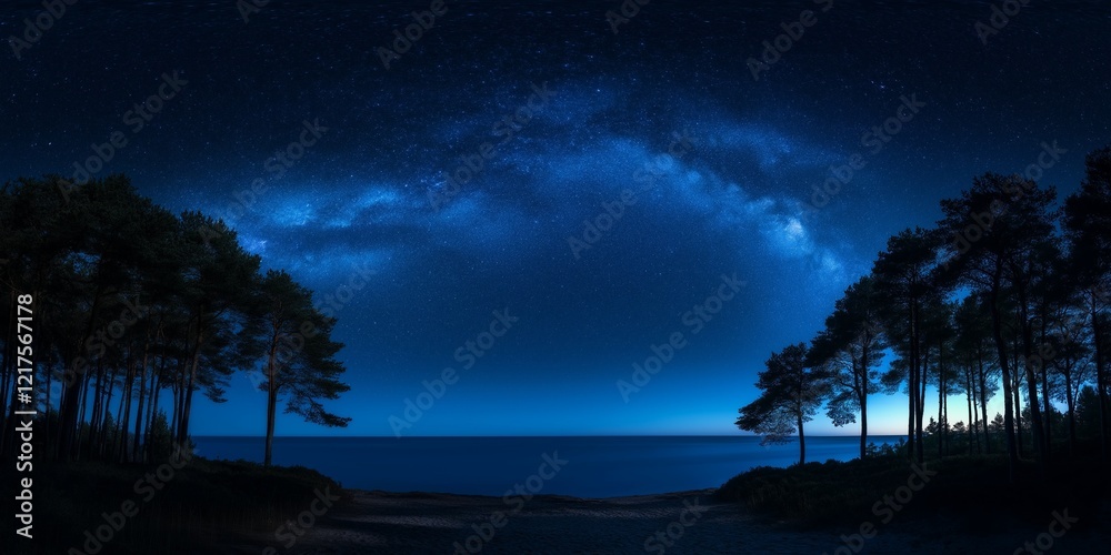 Fototapeta premium A beautiful night sky with a large milky way and a calm ocean