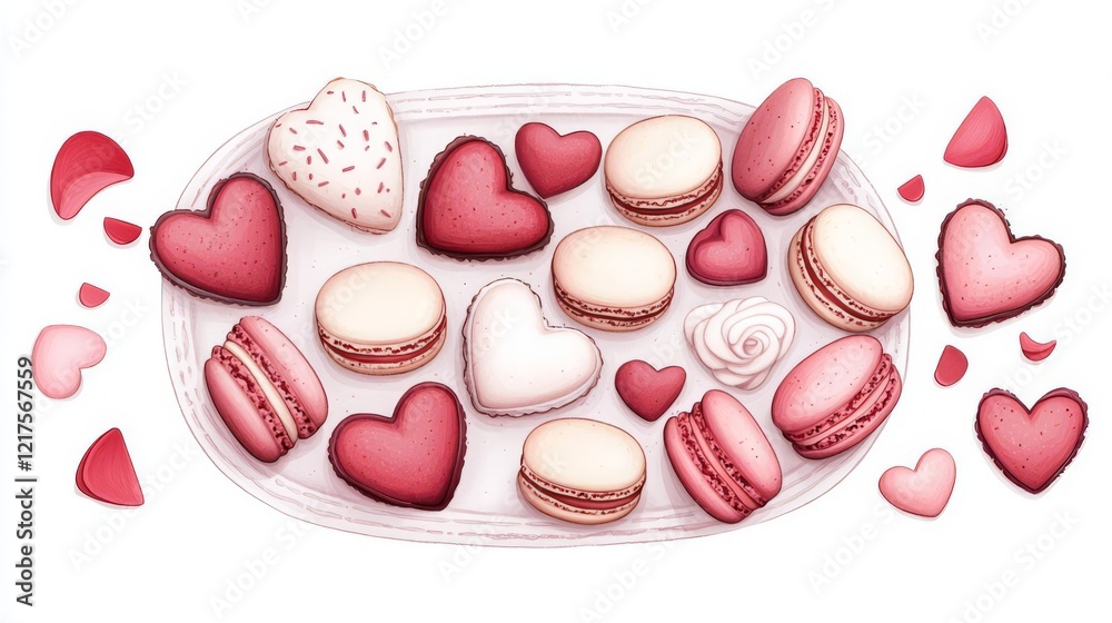 Delicious assortment of heart-shaped macaroons on display. Delicious assortment of heart-shaped macaroons on display.