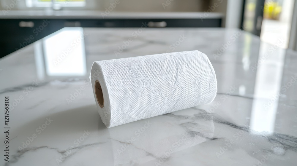 Obraz premium White Paper Towel Roll on Marble Countertop in Bright Modern Kitchen with Natural Light
