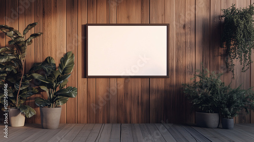 Large horizontal blank advertising poster billboard hanging on wooden wall. Empty screen mockup in resort or home interior. Generative AI