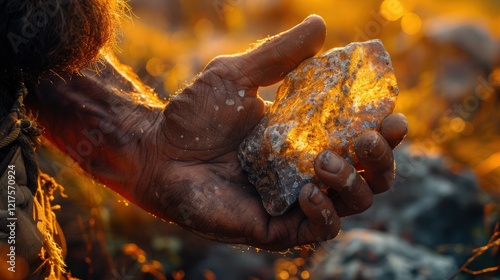 A rugged hand holds a glowing piece of amber against a sunset backdrop. photo