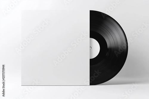 Black vinyl record in white carton sleeve. Template for mockup. Partially in sleeve.