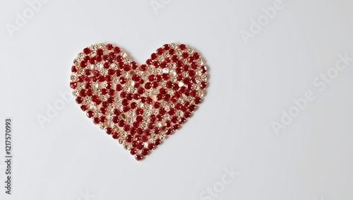 red heart on a wooden background, A minimalist heart design made of tiny, shimmering red and gold gemstones.
