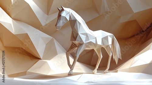 Low-poly white horse model in beige abstract background.