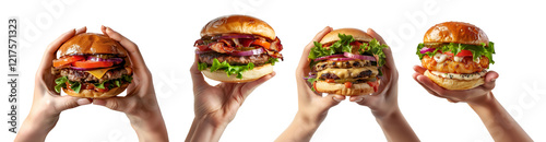 Collection of hand holding burger, cheeseburger, hamburger, fish fillet, meat, chicken, beef flavour on transparent cutout, PNG. Many different flavour and pose. Mockup template for design	
