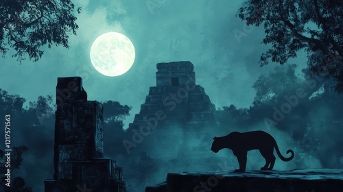 Jaguar Guards Ancient Mayan Pyramid Under Moonlight