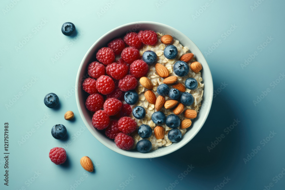 A luscious bowl of oatmeal adorned with fresh berries and nuts. This delicious, healthy breakfast is both nutritious and beautifully presented, offering a perfect start to the day. A luscious bowl of oatmeal adorned with fresh berries and nuts. This delicious, healthy breakfast is both nutritious and beautifully presented, offering a perfect start to the day.