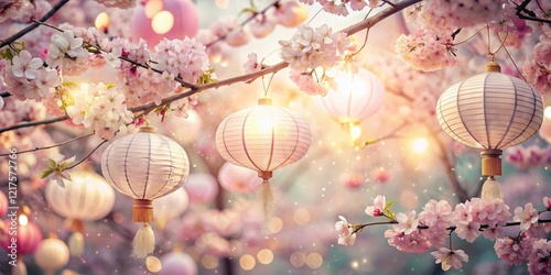 Double exposed dream: cherry blossom festival lanterns illuminate a spring fantasy, breathtaking beauty. photo