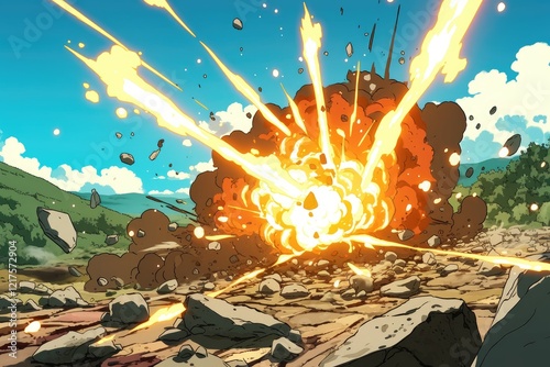 Fiery Explosion Rocks Landscape Amidst Sunny Sky