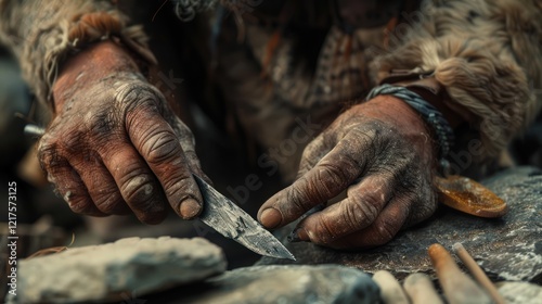 Close-up of a skilled artisan's hands crafting a stone tool with great precision. photo