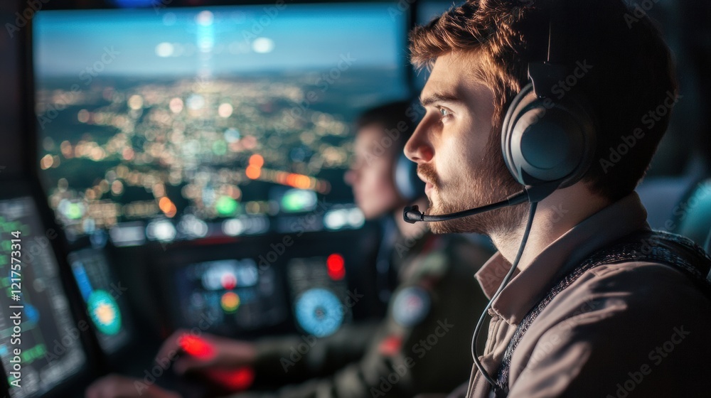 A professional air traffic controller communicating with a pilot, wearing a headset and observing live flight data on a radar screen A professional air traffic controller communicating with a pilot, wearing a headset and observing live flight data on a radar screen