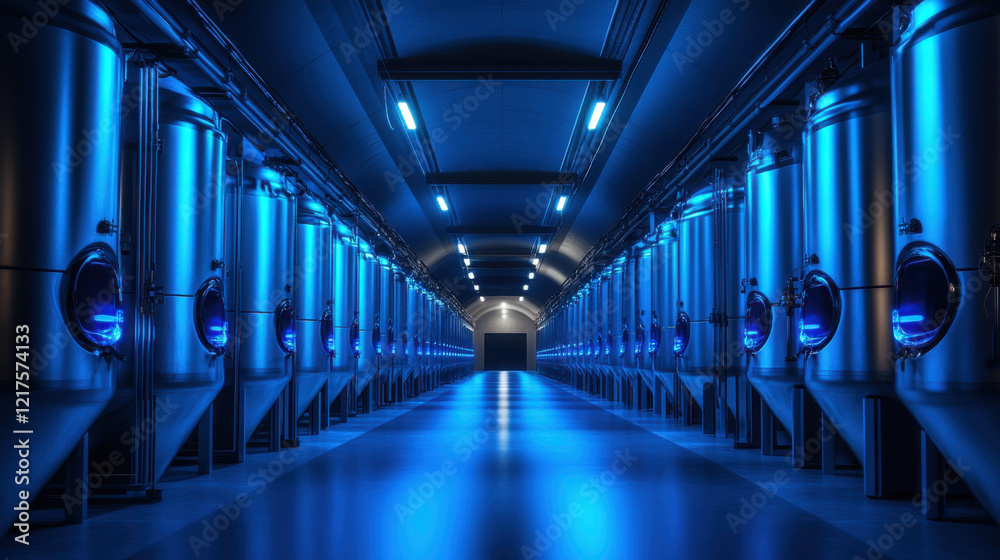 A long tunnel lit by blue lights showcases a series of large silver containers lining the walls. The sleek design and striking color create a modern, almost otherworldly environment. A long tunnel lit by blue lights showcases a series of large silver containers lining the walls. The sleek design and striking color create a modern, almost otherworldly environment.