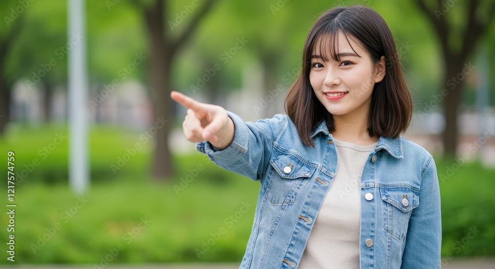 Young Woman Pointing Away Portrait of Cute Young Woman Pointing Finger to the Side