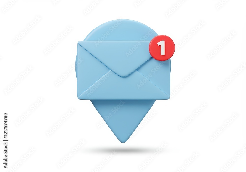 A 3D illustration of a envelope resting on a white pin marker icon isolated on white background
